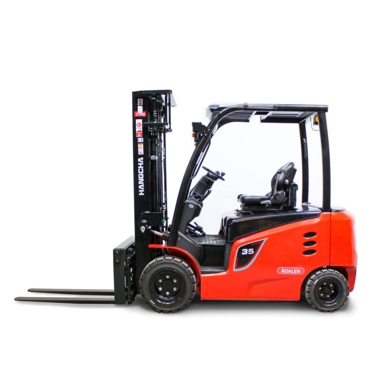 Hangcha CPD 35 X elektrisk truck med gafler i rød og svart farge, sett fra siden