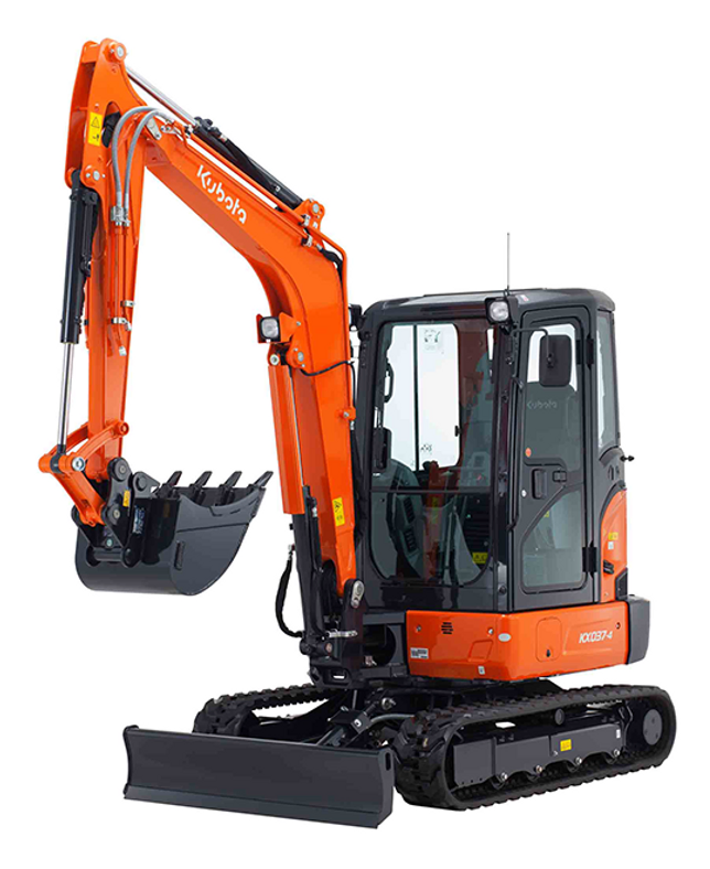 Kubota minigravemaskin 3,5 tonn med hydraulisk arm og graveskuffe, orange farge med svarte belter