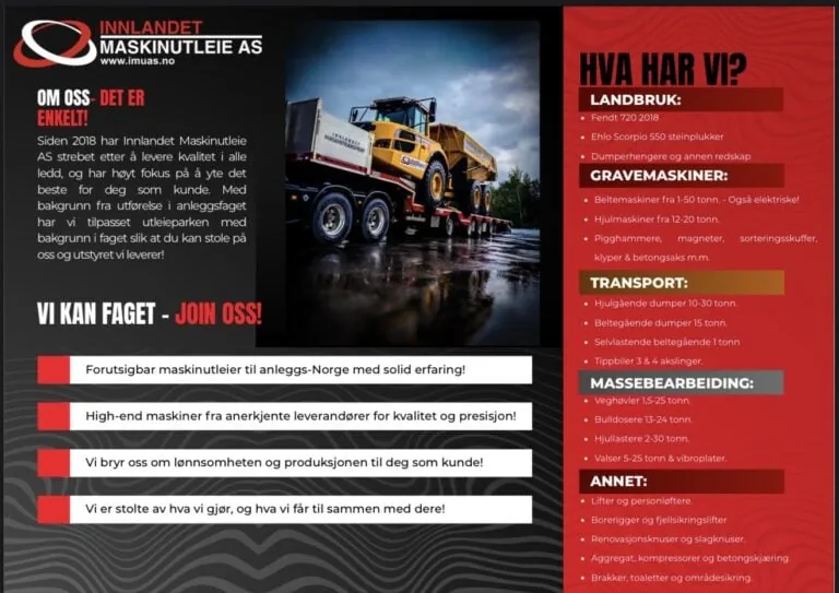 Dumper på henger fra Innlandet Maskinutleie med oversikt over utleietjenester og maskinpark