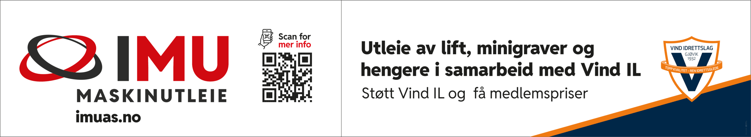 IMU Maskinutleie logo med tekst om utleie av lift, minigraver og hengere i samarbeid med Vind IL